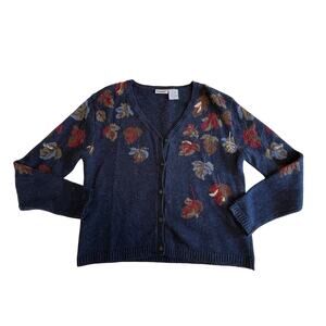 Vtg Y2K Blue Wool Leaf Cardigan Sz M Fall Sweater Cottagecore Autumn